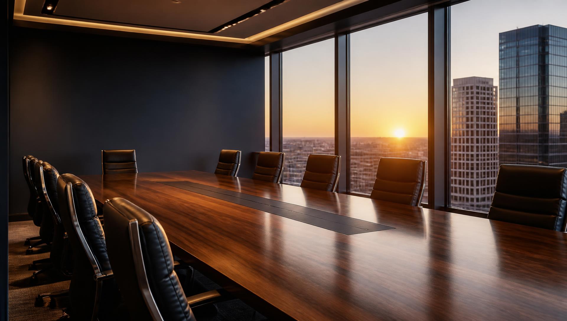 Boardroom of a modern accounting firm overlooking a city skyline at sunset